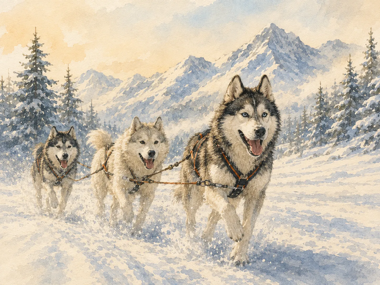 Des huskies en attelage tirant un traîneau dans la neige