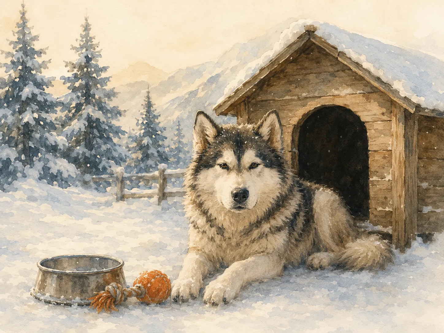 Un husky devant sa niche dans la neige