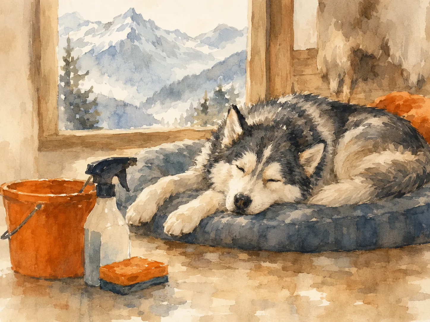 Un husky endormi au chaud dans le refuge, près de produits d’entretien