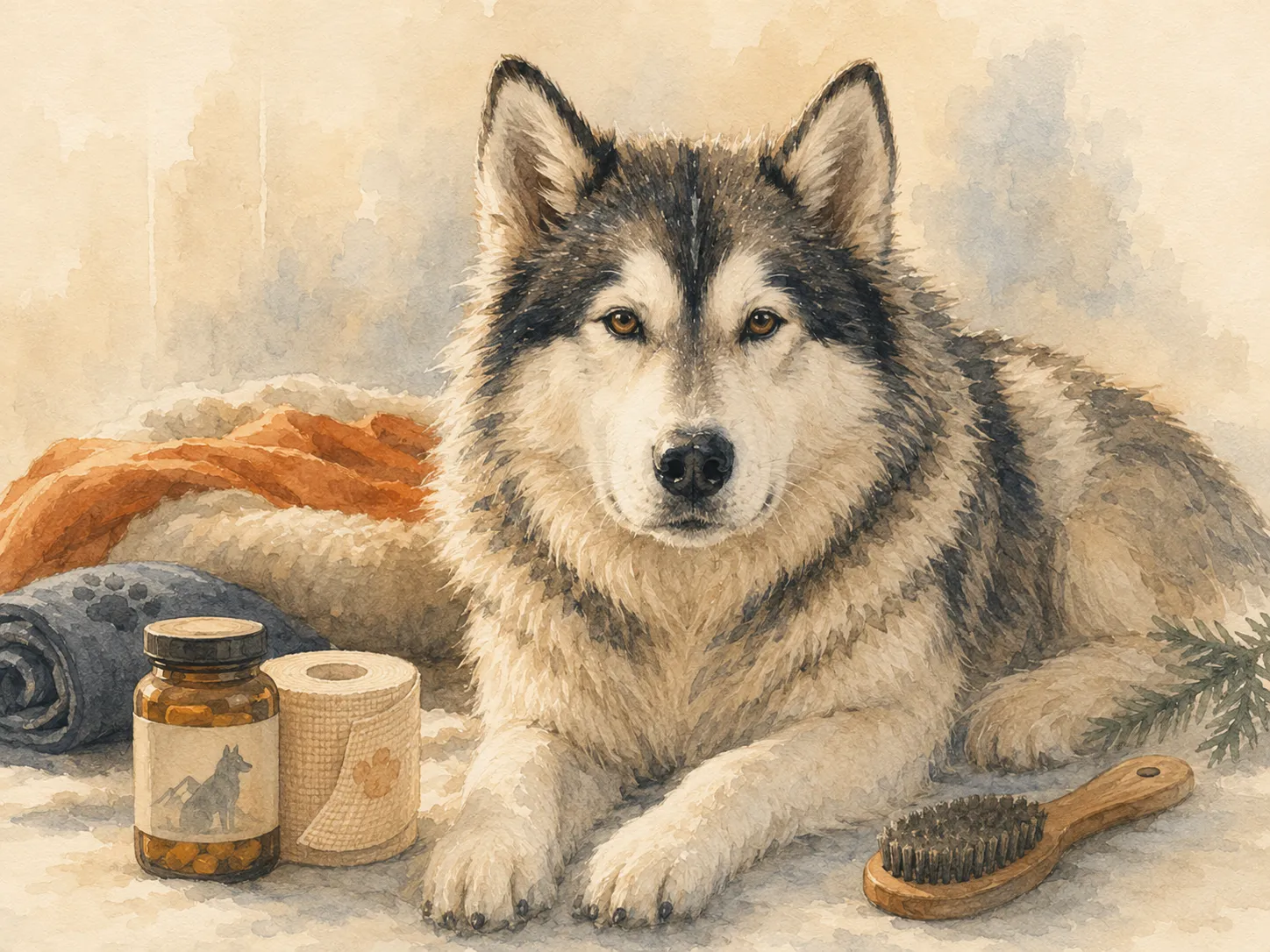 Un husky couché, entouré de matériel de soin